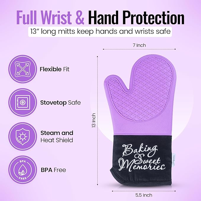 Mitts - Long Slip Resistant Pot Holders - Silicone Oven Mitts - Baking Gloves for Oven - Perfect for Baking, BBQ, Cooking, and Grilling, Oven Mitts Set of 2, 7''x13'' (Purple)