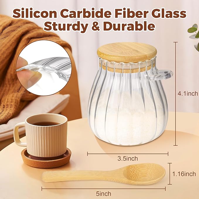 holoith 2Pcs Sugar Container with Bamboo Lid and Spoon,15oz Sugar Bowl Glass Jar for Coffee Bar Accessories Coffee Canister Kitchen Decor Housewarming Gift Christmas Refillable Design