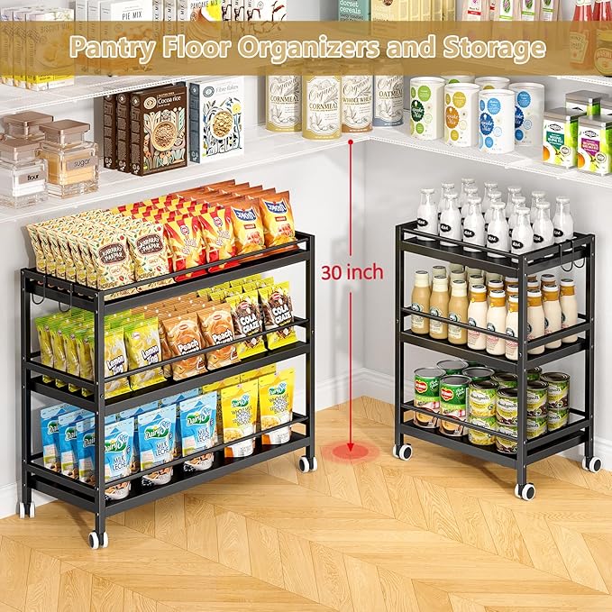 3-Tier Expandable Rolling Pantry Organizers and Storage Cart with Wheels, Adjustable Pantry Floor Organizer, Snack Cart for Pantry, Kitchen Storage Cart with 4 Hooks for Snack, Food, Vegetables