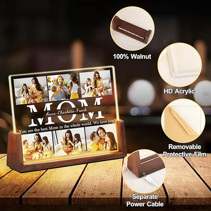 Personalized Mom Gifts For Mothers Day From Daughter Son Husband, Custom Light Up Picture Frame Acrylic Plaque With Photo Name, Customized Birthday Christmas Gifts For Mom Grandma Wife Women