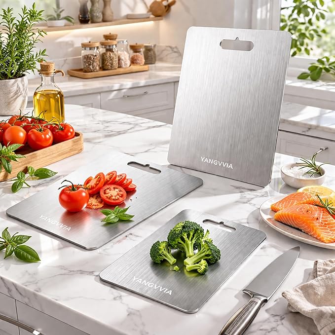 Cutting Board, 316L Food-Grade Stainless Steel Cutting Board Set of 3 | Double-Sided Chopping Board for Kitchen | Dishwasher Safe Work Surface for Meat, Vegetables, & Fruit | Ideal Gift (S+M+L)