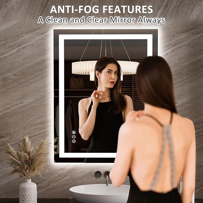 LOAAO 27.6"x35.4" LED Bathroom Mirror with Lights, Anti-Fog, Dimmable, Backlit + Front Lit, Lighted Bathroom Vanity Mirror for Wall, Memory Function, Tempered Glass, Safe to Use, ETL Listed