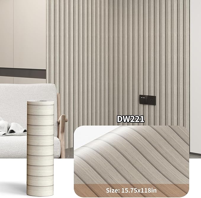 Haimin Wood Grain Slat Wall Panels Peel and Stick Faux Wood Thick Wallpaper 118"x15.75" Waterproof PET & IXPE Foam Paneling (Beige)