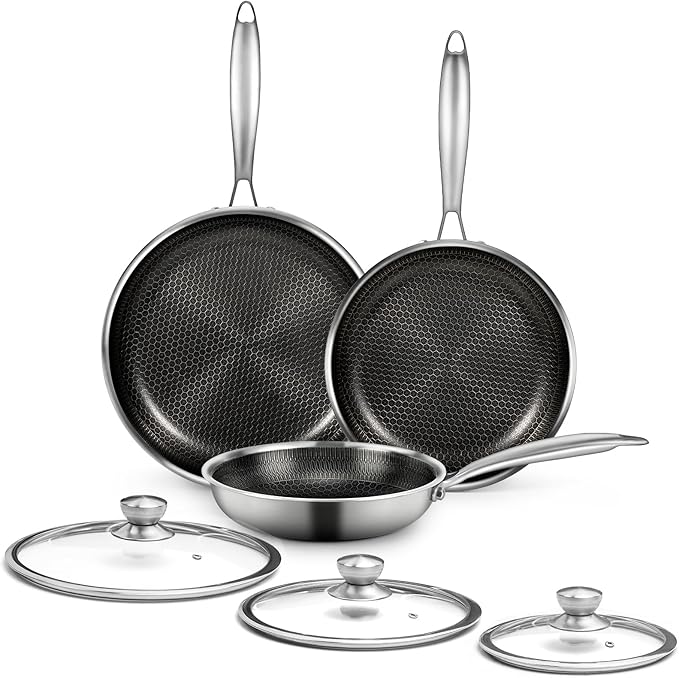 6 Pieces Stainless Steel Frying Pan Set with Lids(8"+9.5"+11") | Honeycomb Nonstick Frying Pan Set, Induction & Oven Safe, Stay-Cool Handles, Compatible with All Cooktops, PFOA Free