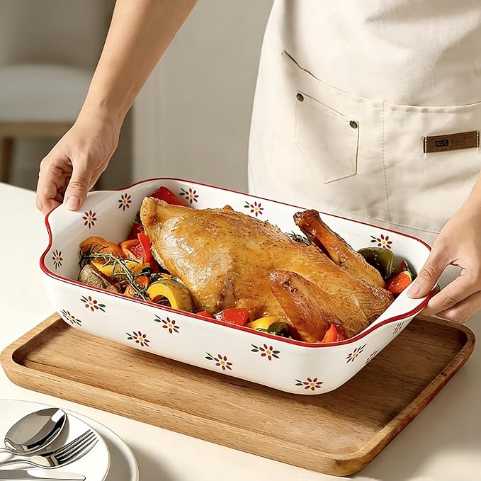 Domini Casserole Dishes for Oven, Ceramic Baking Dishes for Oven Set of 2, Lasagna Pan Deep, Fresh Spring Summer Floral Ceramic Baking Pan Set Square Casserole Dish Set with Handles for Baking, Pattern Flower(13.6+9inch)
