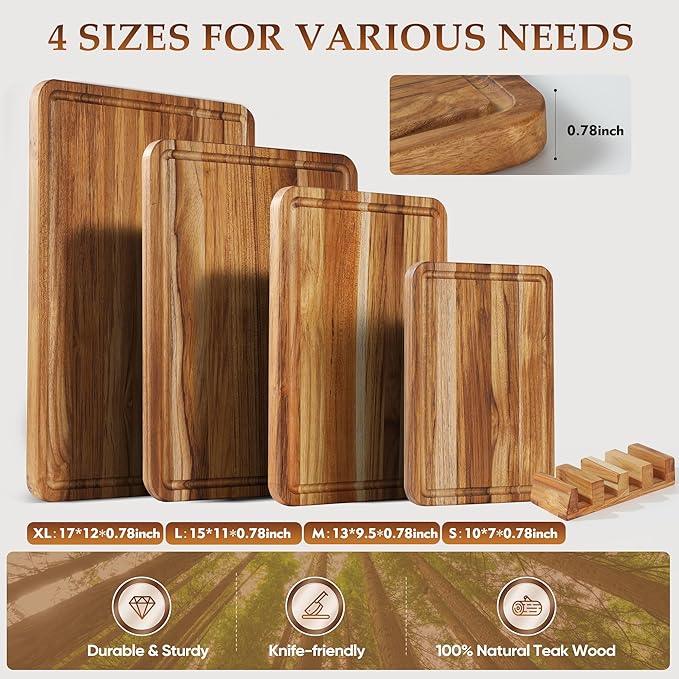 4 Pack Teak Cutting Board Set for Kitchen Wood Cutting Board Heavy Duty Non Toxic Non Slip Solid Thick Wooden Chopping Board