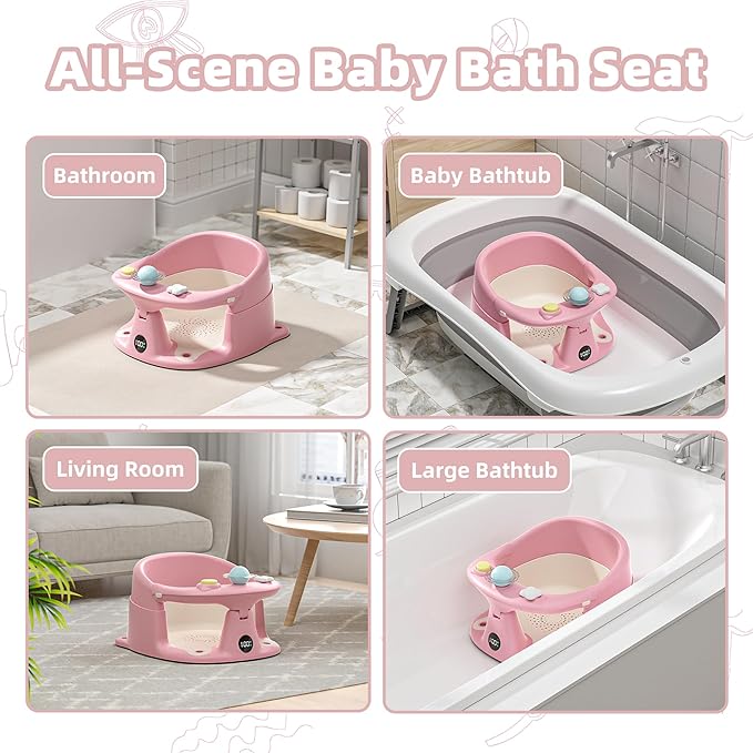Baby Bath Seat for Babies 6 Months & up with Thermometer, Non-Slip Toddler Bath Seats for Sitting Up, Safe Infant & Newborn Bathtub Chair with 4 Suction Cups, Soft Cushion & Temperature Display, Pink