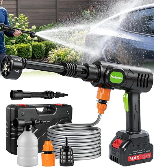 PoolLeader Cordless Car Washing Tool, Portable Vehicle Cleaner with 6-in-1 Nozzle & Foam Cannon, Battery Operated Cordless Car Wash Spray, Handheld Wash Machine for Car, Patio, Home - Lime Green