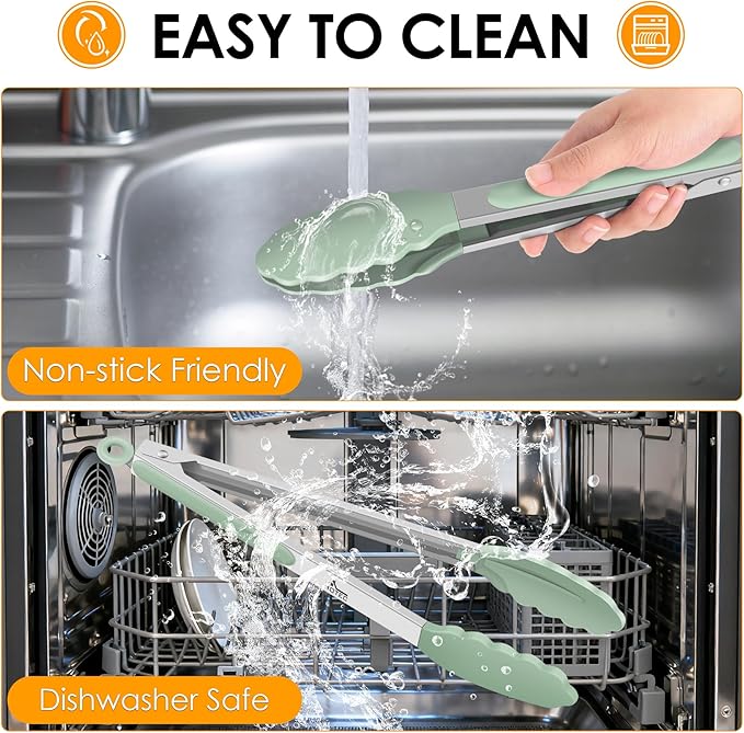 Hotec Silicone Kitchen Tongs for Cooking 9-Inch Serving Tongs with Silicone Tips, Set of 3 (Light Green)