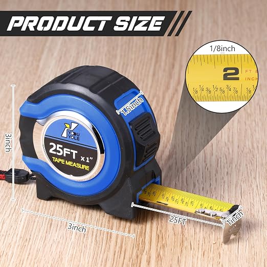 Youyole 5 Pack Tape Measure with Fractions 1/8 Steel Measuring Tape Retractable Easy Read Measurement Ruler Steel Power Blade (25 ft X 1 in,Blue)