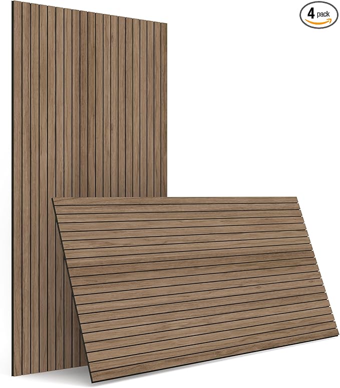 4-Piece Wood Slat Wall Panel for Interior Wall Decor Noise Cancelling 47.2" x 23.6" Peel and Stick Acoustic Decorative 3D Sound Absorbing Wall Paneling, Walnut