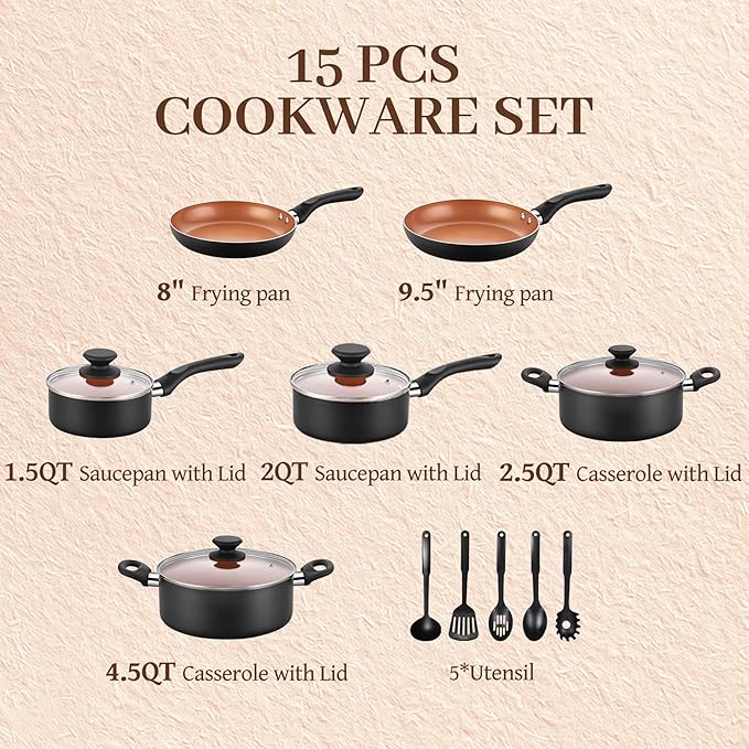 BECIGAR Ceramic Pots and Pans Set, 15PCS Nonstick Set Ceramic Cookware Set, Nonstick Pan Pots and Pans Set Non Stick Cookware set (With-Induction)
