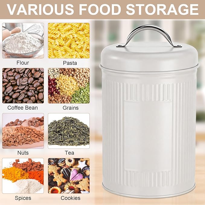 LemonRoad 10 Pack Kitchen Canisters Set Large 48oz Airtight Metal Food Storage Jars with Lids Vintage Farmhouse Coffee Canister Rustic White Pantry Decor for Coffee, Tea, Sugar, Flour, Cookies & Snack