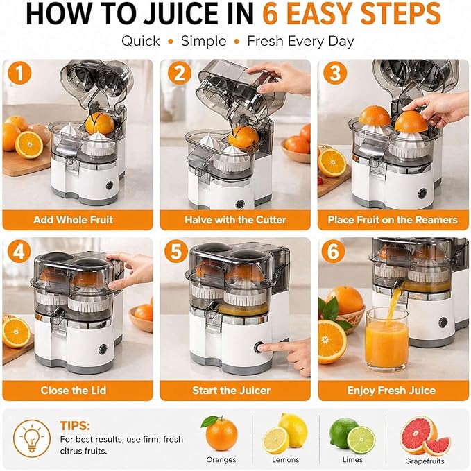 Dual-Head Automatic Citrus Juicer, Electric Citrus Juicer with Power Cord and Cleaning Brush, 1-Button Orange Lemon Lime Squeezer, Detachable Easy Clean Juicers Machine for Kitchen (White)