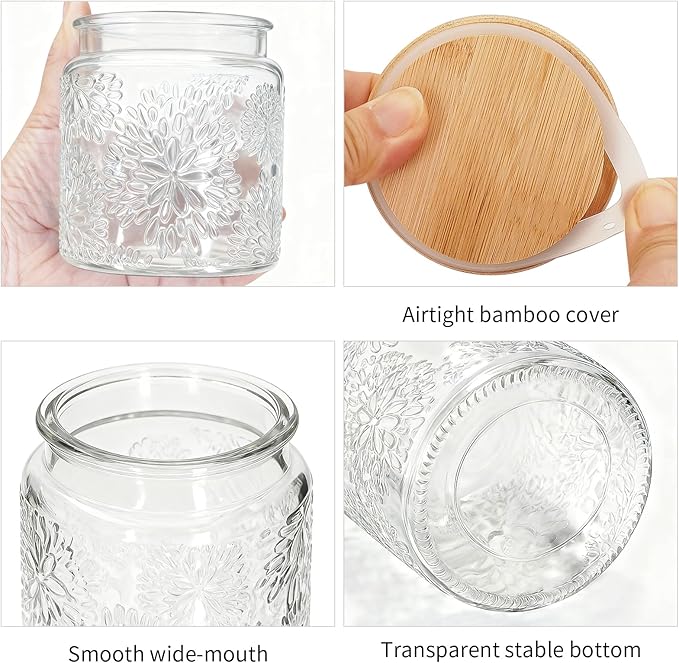 1Pc Snowflakes Style Vintage Glass Candy Jar with Airtight Bamboo Lid, Kitchen Storage Canister for Sugar, Coffee, Tea, Cookies, Bath Salt - Decorative Mason Jar for Pantry & Counter (1, Clear, 17oz)