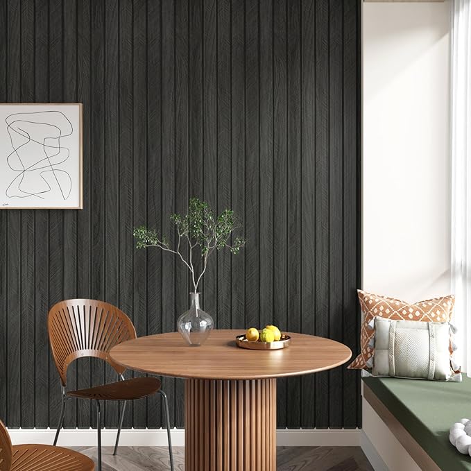 Grey/Black 3D Wood Panels for Wall Decor 197"x11.8" Peel and Stick Faux Wood Wall Panel Self Adhesive Soundproof Wooden Slats Paneling Wallpaper for Living Room Bedroom Office Work Shop