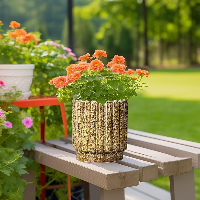 Ceramicfor Ceramic Planter, 7.6 Inch, Yellow | Round Flower Pot, Drainage Hole, Fluted Decorative Design, Indoor & Outdoor Use