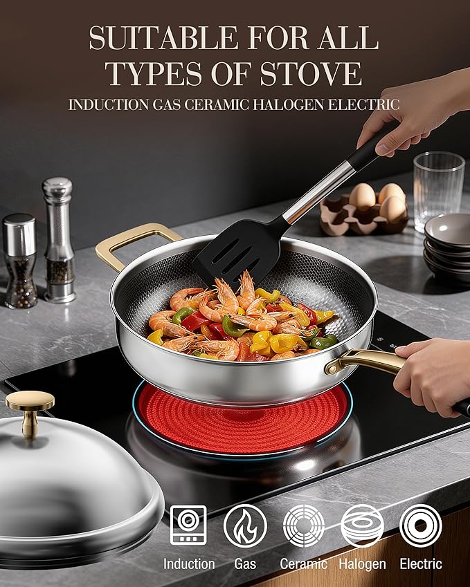 FogDream Titanium Non Stick Frying Pan, 10in Tri-Ply Stainless Steel Deep Saute Pan, All-in-One Cookware Set with Stainless Lid, Stay Cool Handle, Dishwasher & Oven-Safe,Induction Compatible,Gold