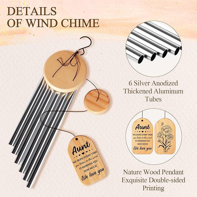 for Aunt, Aunt Wind Chimes, Auntie Gift Ideas, Birthday Gifts for Aunts from Niece Nephew, Best Mothers Day for Auntie, 25.5 Inch