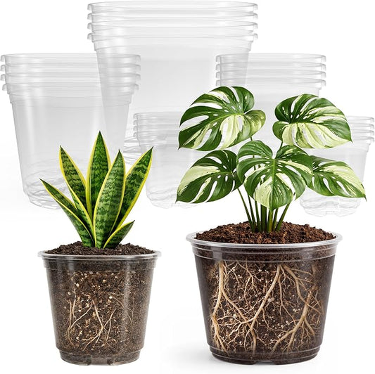 Bluepro Clear Nursery Pots with Drainage, 3.5/4/5/6/8 Inch, 20-Pack | Clear PET, 4 Each of Five Sizes, Root and Moisture Visibility, Flexible, Reusable, Seed Starting Through Repotting