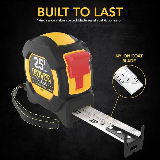 LEXIVON [4-Pack] 25Ft/7.5m DuaLock Tape Measure | 1-Inch Wide Blade with Nylon Coating, Matte Finish White & Yellow Dual Sided Rule Print | Ft/Inch/Fractions/Metric (LX-206X4)