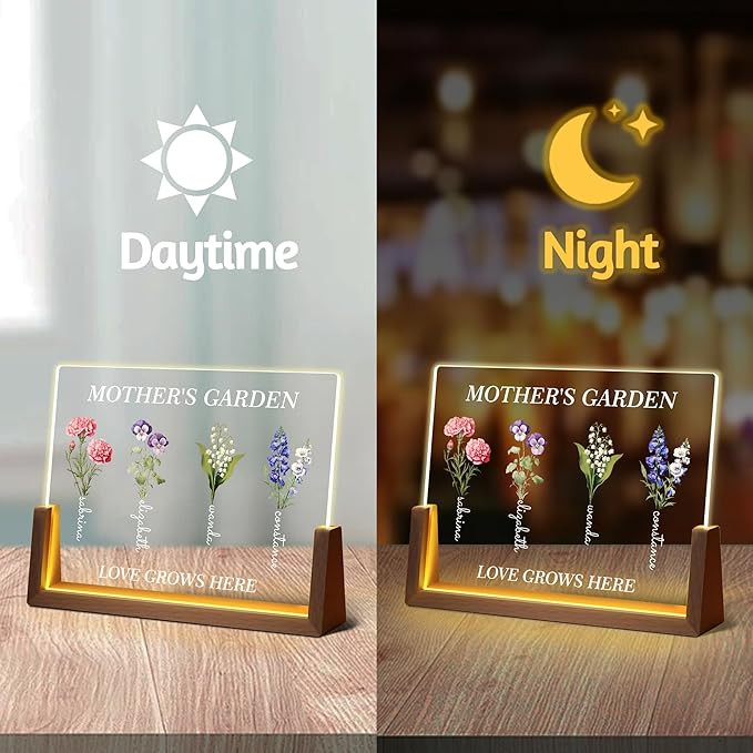 Personalized Mothers Day Birthday Gifts For Mom Grandma Wife, Custom Mom Gifts From Daughter Son, Customized Birth Flower Mothers Garden Plaque Light Up Picture Frame For Mama Grandma Gift