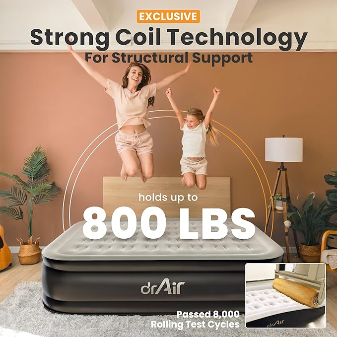 Dr. air Queen Air Mattress with Built-in Pump, 18" Raised Blow Up Mattress, 800 lbs Max Honeycomb Air Bed, 48Hr Leak-Proof Test, 3min Inflatable Mattress for Home, Guests, Camping, Colchones inflables