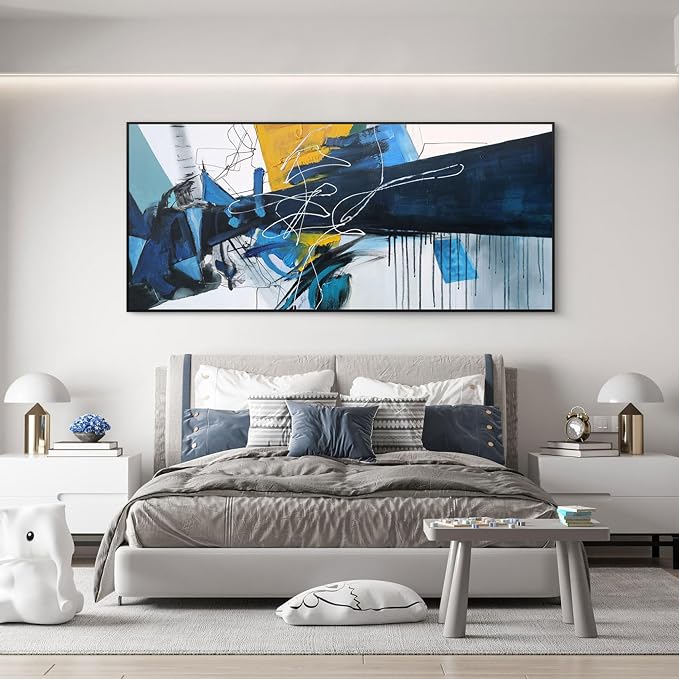 KLAKLA Wall Art for Living Room - Blue Abstract Canvas Pictures Framed Artwork for walls Extra Large Prints for Bedroom Above the Bed Decor 8x39 Inches