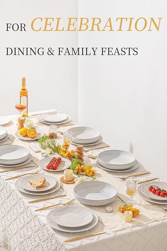 FOBENTA 24-Piece Embossed Ceramic Dinnerware Set–8 Dinner Plates, 8 Salad Plates, 8 Pasta Bowls,Elegant & Durable Tableware for Large Families, Dishwasher & Microwave Safe