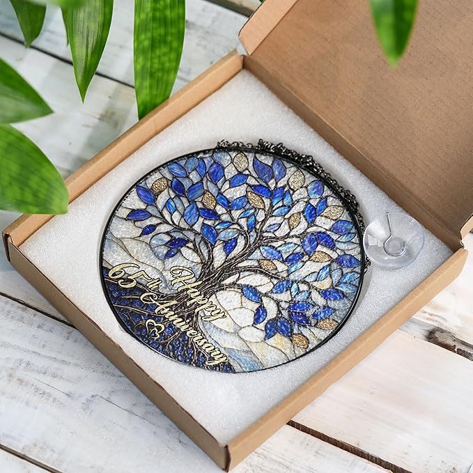 65th Wedding Anniversary Faux Stained Glass Suncatcher, 65 Years of Marrisage Keepsake Ornament, Blue Sapphire Wedding