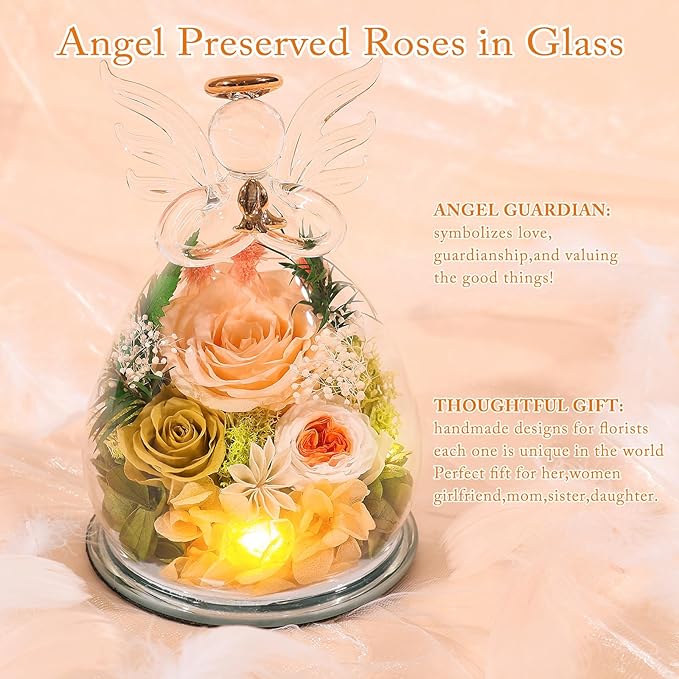 Gifts for Mom Mothers Day Birthday Gifts for Women Preserved Rose Forever Flower in Glass Angel Figurines Fresh Flowers for Delivery Anniversary Real Colorful Roses for Grandma Her Wife from Daughter