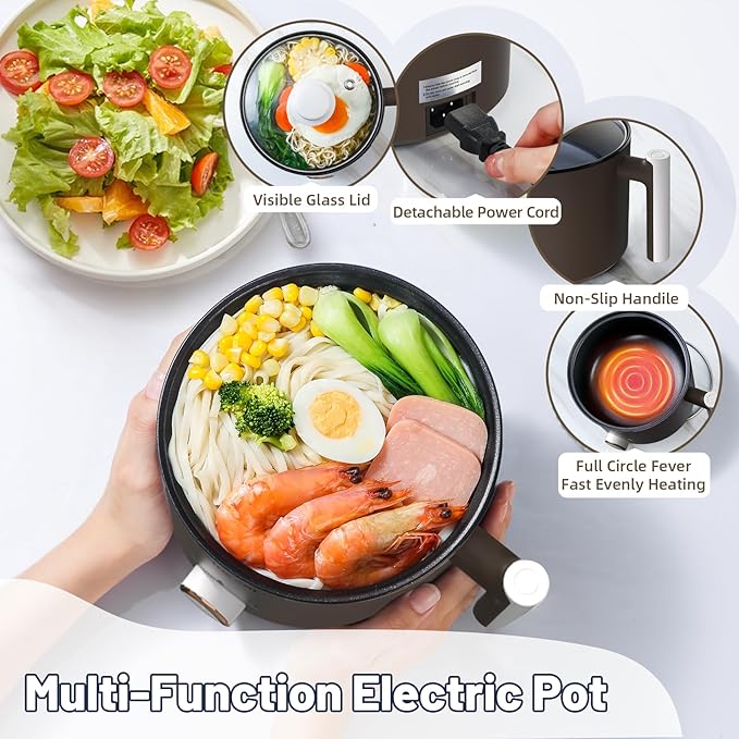 Electric Hot Pot :1.5L Mini Ramen Cooker with Overheat & Boil-Dry Protection, Suitable for Noodles, Soup, Oatmeal, College Dorm Office Travel Essentials (Brown, 1.5L)