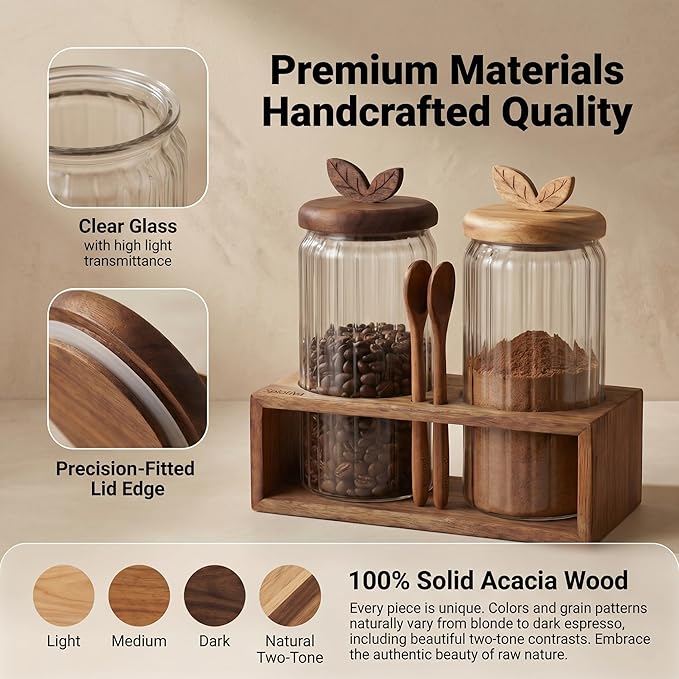 Coffee Bar Glass Canister Set – 2 × 34 floz Airtight Glass Jars with Acacia Wood Lids, 2 Acacia Wood Spoons & Acacia Organizer Tray