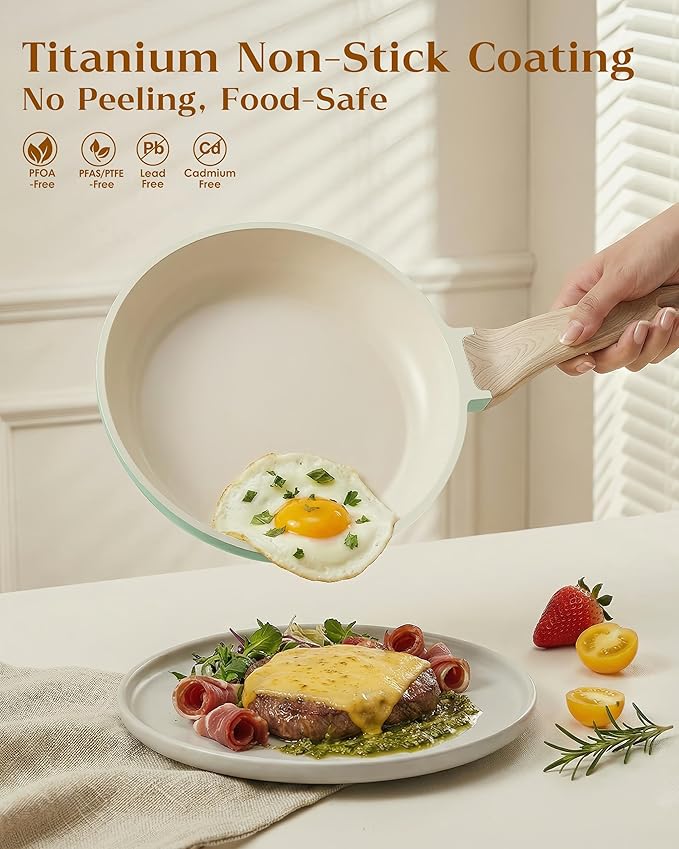 FDN 16Pcs Titanium Pots and Pans Set,Toxic-Free Cookware Set, Dishwasher & Oven Safe, Induction Compatible with Bakelite Wood Grain Handle, Compact and Durable