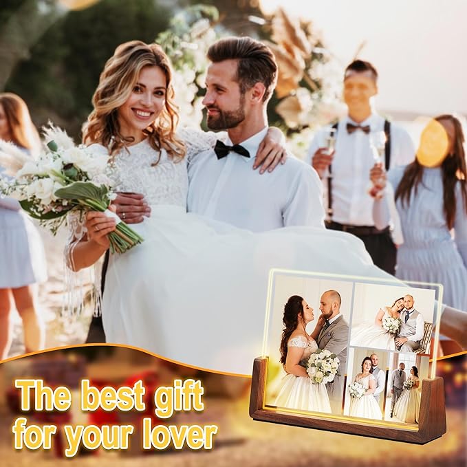 Personalized Valentines Day Couples Gifts For Him Her Husband Wife, Custom Light Up Picture Frame Acrylic Plaque With Photo, Customized Anniversary Birthday Wedding Gifts For Women Men