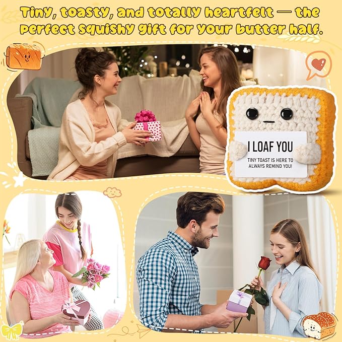 Gifts for Her Him Loved One Crochet Toast “I Loaf You” Gifts for Boyfriend Girlfriend, Funny Wedding Anniversary Birthday Gift for Women Men Couples Wife Husband - Easter Basket Stuffers & Mothers day