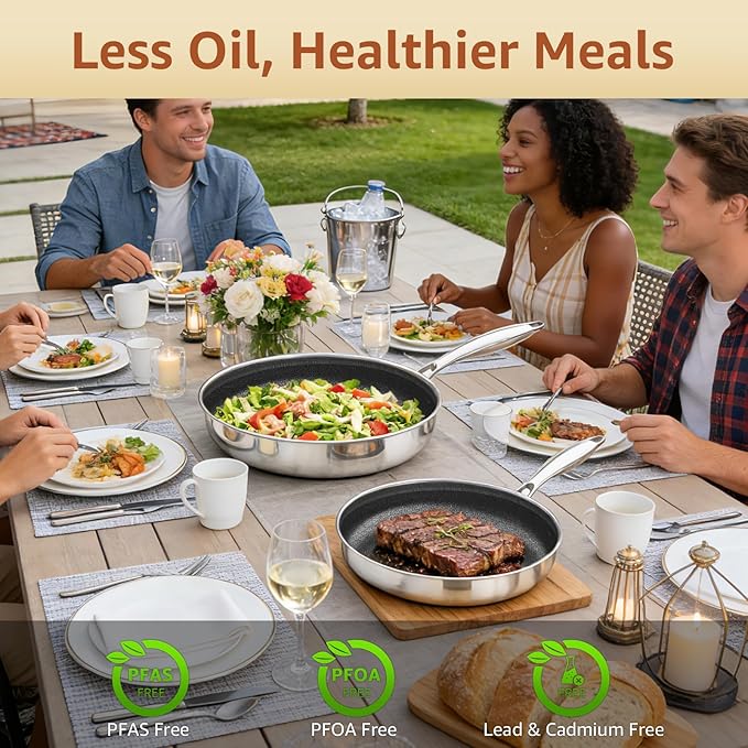 LOLYKITCH Frying Pan Set Nonstick10/12 Inch Stainless Steel Skillet with Detachable Handle and Glass Lids, Induction & Oven Safe, Professional Non-Toxic PFOA Free Pans for Everyday Cooking
