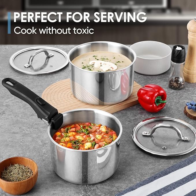 Walchoice 9pcs Stainless Steel Cookware Set, Tri-Ply Sauce Pans Set with Detachable Handle, Induction Pots Cooking Set for RV, Camping, Kitchen, Oven & Dishwasher Safe