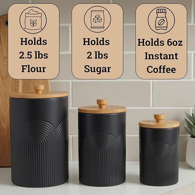 Ceramic Kitchen Canisters for Countertop Set of 3 with Airtight Bamboo Lids - Black Kitchen Canisters with Airtight Lids - Flour Sugar Canister Set - Flour and Sugar Containers Farmhouse - Coffee Jar