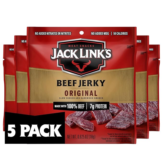 Jack Link's Beef Jerky, Original, Multipack Bags – Flavorful Meat Snacks for Lunches, Ready to Eat Protein Snacks, Individual Packs - 7g of Protein, Made with 100% Beef – 0.625 Oz (Pack of 5)
