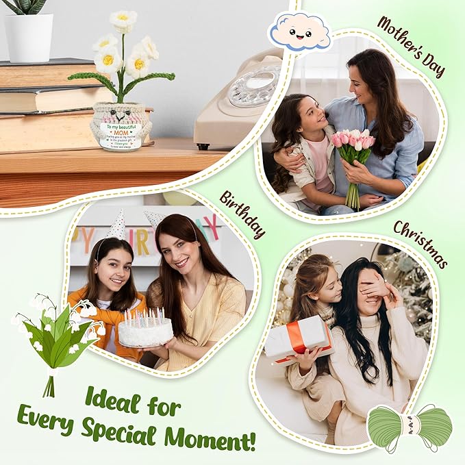 OASSIE Gifts for Mom from Daughter Son - Positive Crochet Lily Flower with Card - I Love You Mothers Day Birthday Gifts for Mother Mama Mother in Law, Emotional Support Crochet