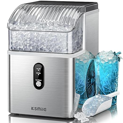 Kismile Nugget Ice Makers Countertop,Portable Ice Machine with Crushed Ice, 35lbs/Day,Self-Cleaning,One-Click Operation for Home Use(Stainless Steel Silver)
