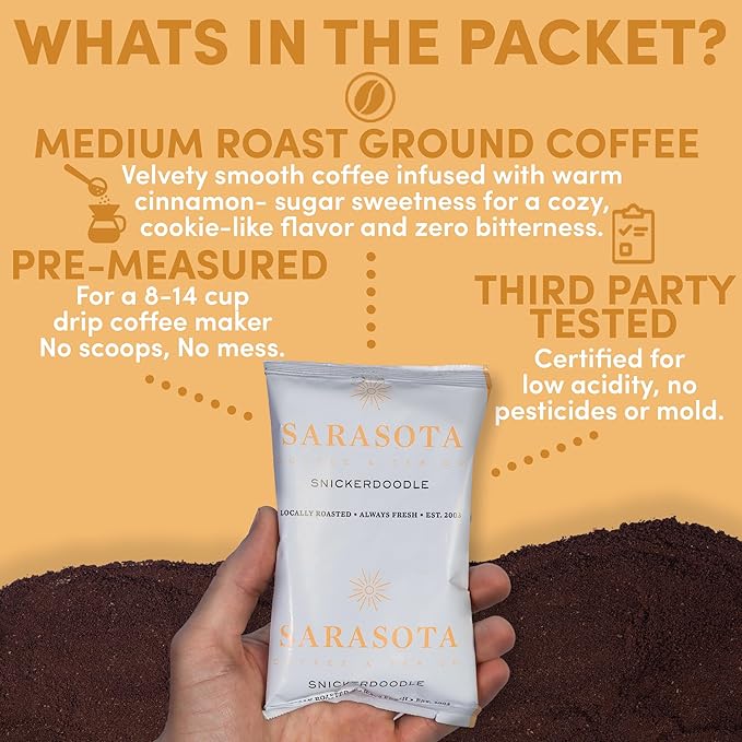 Snickerdoodle Flavored Ground Coffee Packs – 2oz Pre-Measured Medium Roast for 12-Cup Drip Makers | Low Acid Mold-Free Gourmet Single-Pot Pouches | 36 Count by Sarasota Coffee