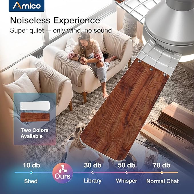 Amico Ceiling Fans with Lights, 52 inch Low Profile Ceiling Fan with Light and Remote Control, Flush Mount, Reversible, 3CCT, Dimmable, Noiseless, Silver Ceiling Fan for Bedroom, Indoor/Outdoor Use