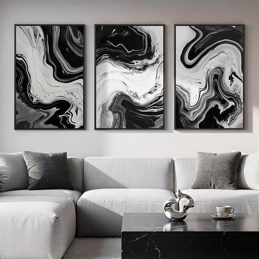 Large Framed Black and White Abstract Wall Art for Living room, 3 Piece Canvas Prints Paintings Artwork for Walls, Modern Minimalist Pictures Wall Decor for Bedroom Dining Room Office 24x36 In