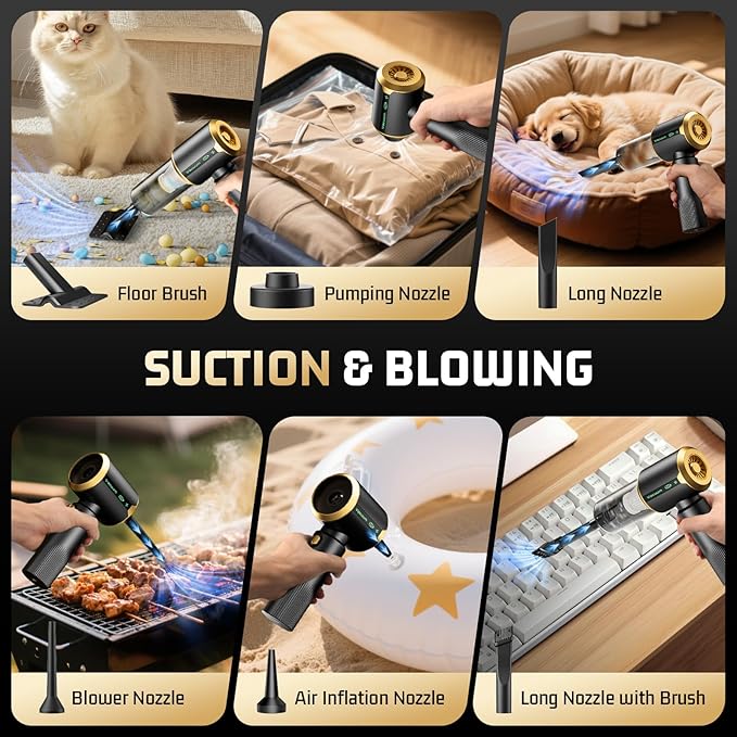 Cordless Car Vacuum Cleaner: Handheld Vacuum with 16000Pa Strong Suction, 𝐁𝐫𝐮𝐬𝐡𝐥𝐞𝐬𝐬 𝐌𝐨𝐭𝐨𝐫 & HEPA Filter, 7-in-1 Cleaning Kit, Type-C Charging for Home Office Car - Black