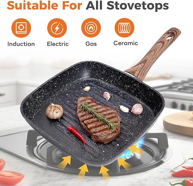 DUMOS 3 Pcs Grill Pans Set, Nonstick Square Frying Pan Skillet Set with Stay Cool Handle & PFOA Free, Compatible with All Stovetops (9.5" 10" 11") Black
