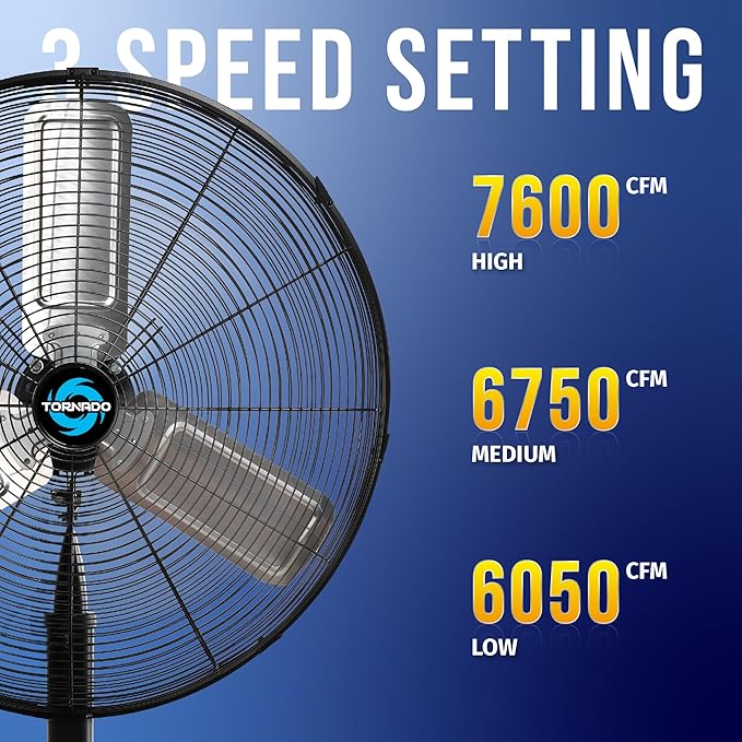 Tornado 24 Inch High Velocity Stationary Non-Oscillating Metal Pedestal Fan Commercial, Industrial Use 3 Speed - 7600 CFM 6.6 FT Cord UL Safety Listed