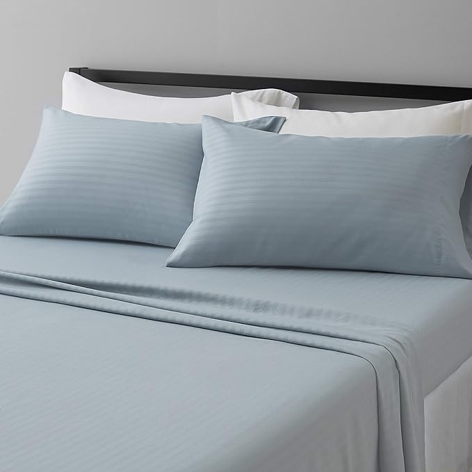 Amazon Basics Deluxe Breathable Wrinkle Resistant Brushed Microfiber Polyester Bed Sheets, 4-Piece, Full, Spa Blue Striped