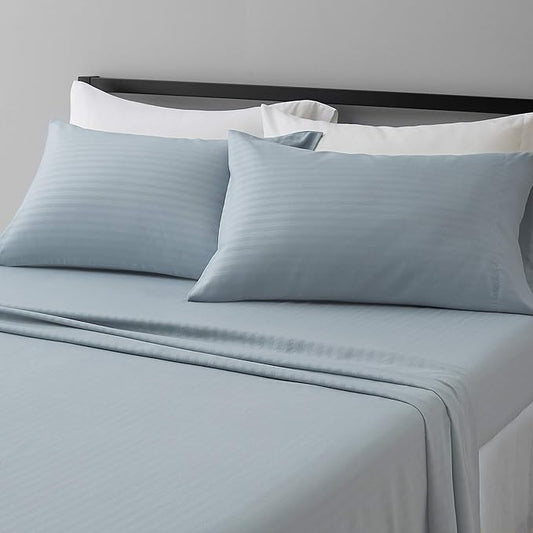 Amazon Basics Deluxe Breathable Wrinkle Resistant Brushed Microfiber Polyester Bed Sheets, 4-Piece, Full, Spa Blue Striped